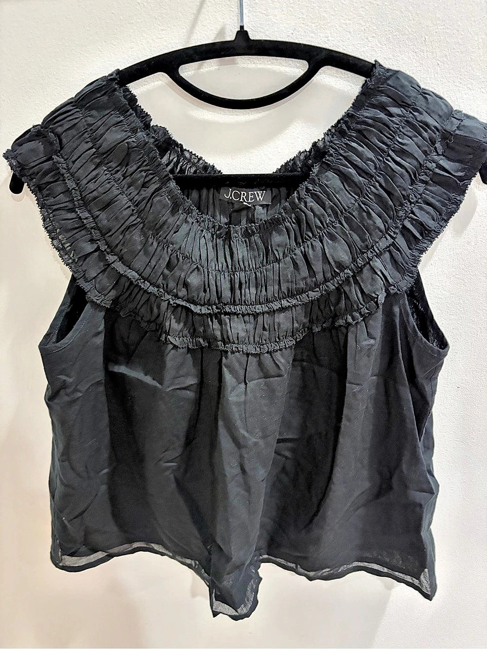 NWOT J.Crew Smocked ruffle-trim top in cotton voile Black, Small